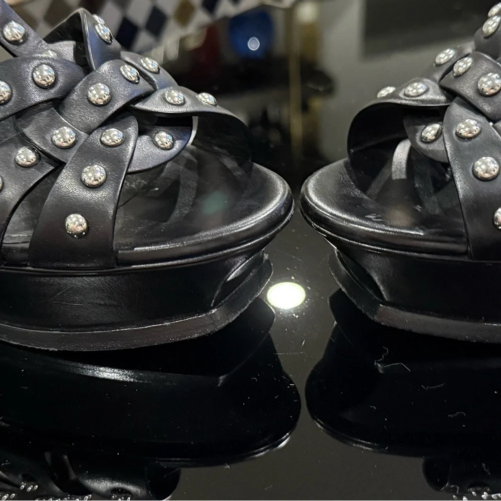 Saint Laurent TRIBUTE SILVER STUDDED Sandals RARE/ EUC - Picture 11 of 14